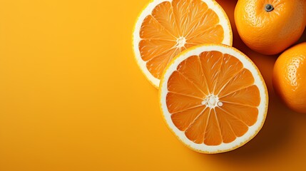 Two halved oranges and two whole oranges on a yellow background.