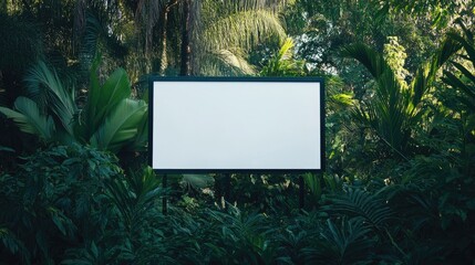 Blank clean signboard mockup surrounded by lush greenery in a peaceful outdoor environment under bright daylight