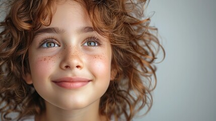 Wall Mural - Portrait of a happy girl with curly hair looking at white space, isolated on a solid background.