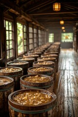 Wall Mural - Wooden Barrels Filled with Liquid and Objects in a Rustic Wooden Building