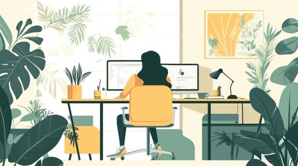 Poster - A person working at a desk surrounded by plants in a serene, modern workspace.