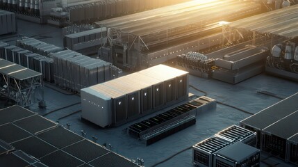 Aufkleber - Aerial view of an industrial facility with energy storage units and machinery.