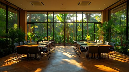 A modern dining room with large windows overlooking a lush green garden, featuring two long wooden tables with black chairs and natural sunlight streaming in.