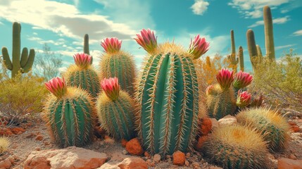 Wall Mural - Close up of various cacti set against a backdrop of arid landscape with intense heat