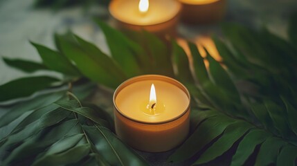 Aufkleber - Candle and green leaf arranged on a table