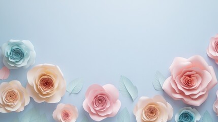 Poster - Elegant pastel paper rose flat lay with flowers positioned at the bottom leaving ample empty space for text above