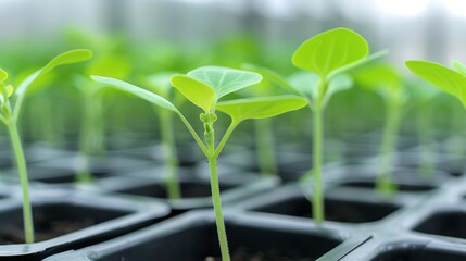 Close-up of young green seedlings growing in black plastic trays in a greenhouse.