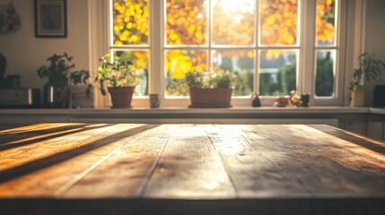 Poster - Rustic kitchen table bathed in autumn sunlight offering ample copy space