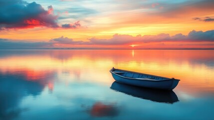 Poster - Tranquil Sunset Reflection with a Boat on the Horizon