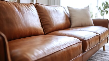 Aufkleber - Close up of an elegant brown leather sofa highlighting its sleek texture and contemporary design perfect for chic interior spaces