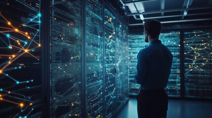 Leinwandbilder - A person observes a digital data center with illuminated connections and servers.