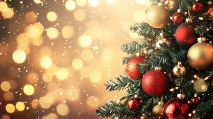 Aufkleber - Decorative Christmas tree embellished with red and gold ornaments illuminated by twinkling lights set against a shimmering bokeh backdrop