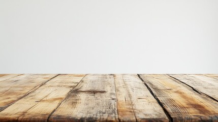 Poster - A rustic wooden table with a light grey backdrop highlighting its natural texture and warmth ideal for creating a cozy dining or workspace ambiance