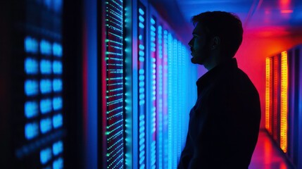 Poster - A silhouette of a person observing illuminated server racks in a data center.