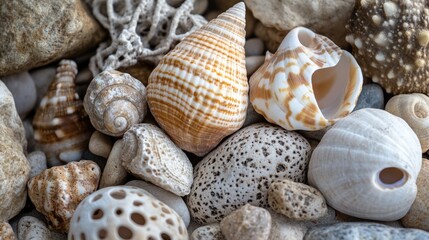 Fototapete - A collection of rocks adorned with shells and small pebbles showcasing natural beauty and texture