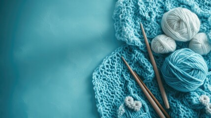 Poster - Blue crochet banner featuring cotton yarn crochet hooks and accessories Flat lay overhead view with ample copy space and window shadow in a toned image
