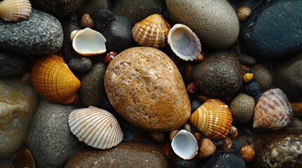 Fototapete - A collection of rocks adorned with shells and small pebbles showcasing natural beauty and texture