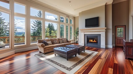 Aufkleber - Elegant living room design featuring hardwood flooring and a fireplace complemented by a large bank of windows that offers glimpses of the surroundings
