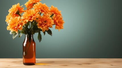 Wall Mural - A Vibrant Bouquet of Orange Flowers in a Rustic Glass Vase Against a Serene Green Background