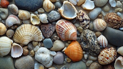Fototapete - A collection of rocks adorned with shells and small pebbles showcasing natural beauty and texture