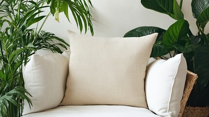 Aufkleber - Decorative cushion placed on a white sofa amidst houseplants showcasing a minimalist interior design Emphasizes home decor and a relaxing atmosphere