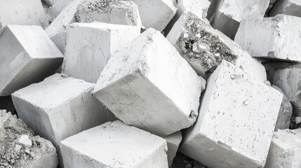 Construction debris consisting of white autoclaved aerated concrete blocks showcasing detailed close up textures and remnants