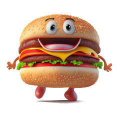 Happy Burger: A cheerful and playful 3D cartoon burger with big eyes and a wide smile, running towards the viewer with enthusiasm. This image is perfect for representing happiness, joy.