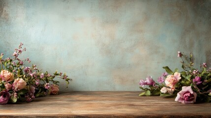 Poster - Rustic Vintage Table Featuring Floral Arrangement for Product Display and Empty Area for Text