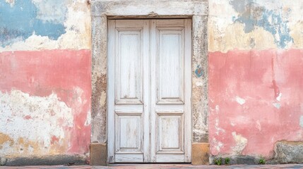 Poster - Vintage wooden door adorned with white and pink paint in a historic area