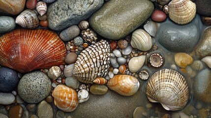 Fototapete - A collection of rocks adorned with shells and small pebbles showcasing natural beauty and texture