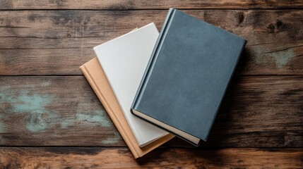 Books with blank covers placed on a wooden desk