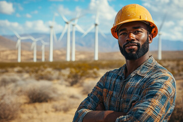 Confident African American engineer at wind farm on sunny day