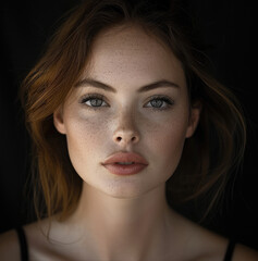 Portrait of female model on a black background, perfect smile and clean skin.