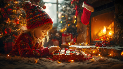 Wall Mural - Joyful Child Opening Gifts from Advent Calendar