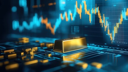 Gold bar in focus with analytical charts blurred, investment perspective