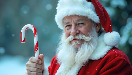 Traditional Santa Claus holding candy cane with snowy background and bokeh lights