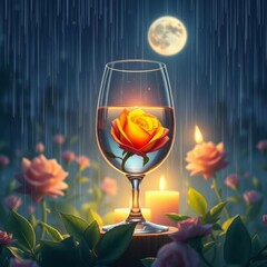 Surreal night scene, giant wine glass, floating yellow rose inside glass, full moon in background, raining, glowing flowers, magical atmosphere, dreamlike, soft lighting, reflections, detailed illustr