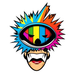 Colorful cartoon face with an eye and a mustache.