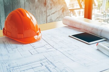 Realistic candid photo of blueprints, a tablet, and a hard hat on a civil engineer’s desk, representing the careful management of construction projects. The bright, happy tone and high-end lifestyle