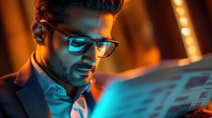 Hyperrealistic photo of: An Indian businessman focused on reviewing detailed CRM reports to improve business performance. Styled like a lifestyle magazine and shot in 32k resolution, the photo is