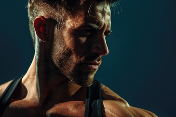 Wall Mural - a strong, muscular man with a sharp gaze and a focused mind, solid color background perfect for gym 