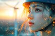 © sofiko14 - Double exposure of wind turbine and asian female engineer gazing forward