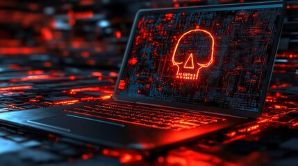 Aufkleber - A laptop displays a glowing skull symbol, suggesting themes of hacking or cyber danger.