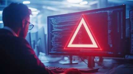 Poster - A person working on a computer with a glowing triangle symbol and code on the screen.