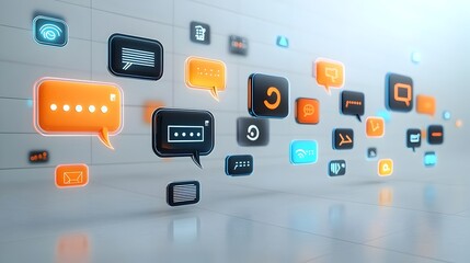 Aufkleber - Futuristic Glowing 3D Speech Bubbles with Glossy Finishes and Ellipsis Floating on a Sleek White Background Representing Modern Digital Communication and Messaging Technology