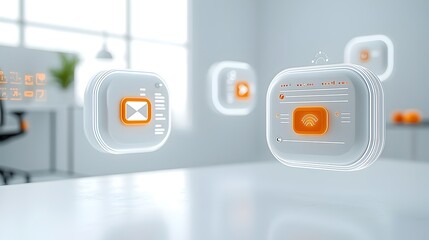 Fototapete - Luminous 3D chat bubbles with a glossy surface and ellipsis floating over a bright white background representing the concept of digital interaction and communication in a modern minimalist style