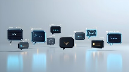 Fototapete - Glossy 3D Futuristic Chat Bubbles with Glowing Outlines on Sleek White Background Conveying Seamless Messaging and Communication