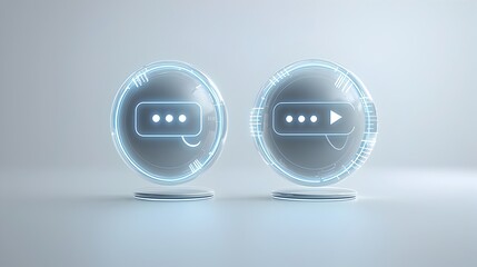 Fototapete - Sleek futuristic 3D speech bubbles with glowing outlines and ellipsis set against a clean white background conveying a sense of seamless digital messaging and chat communication