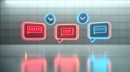 Fototapete - Neon lit 3D chat bubbles with glossy reflections and ellipsis hovering over a white background representing communication in a futuristic style