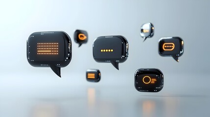 Fototapete - Futuristic Glowing 3D Speech Bubbles with Accents and Ellipsis Floating Over a Minimal White Background for a Communication or Technology Concept